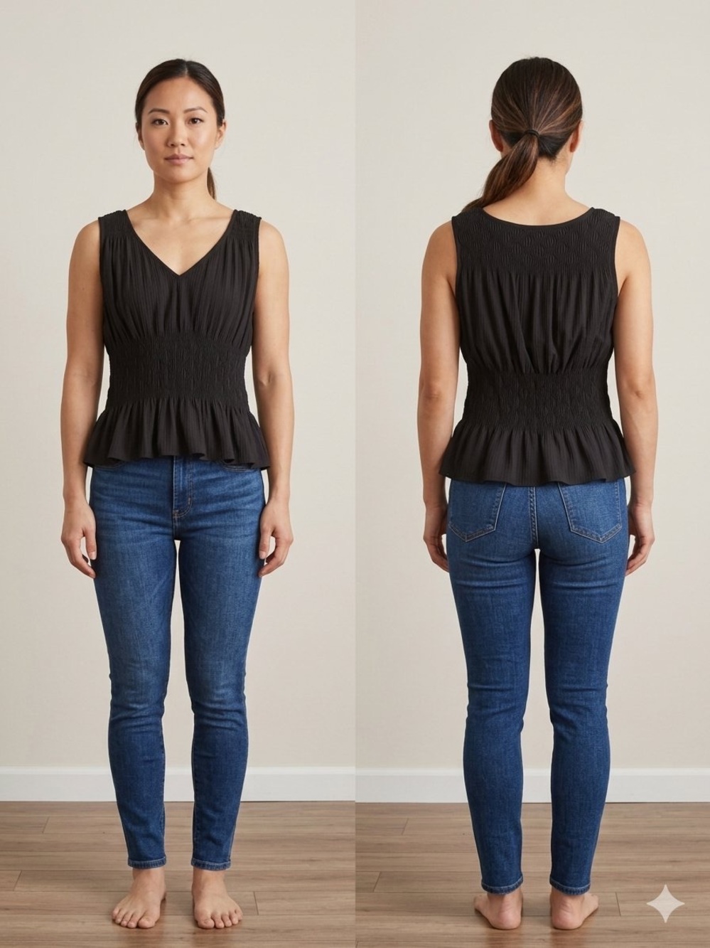 Black Smocked V-Neck Sleeveless Top - Women's
